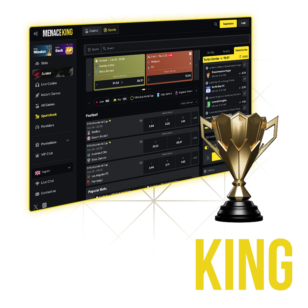 Sigue a tus equipos deportivos favoritos y haz apuestas deportivas en Menace King.