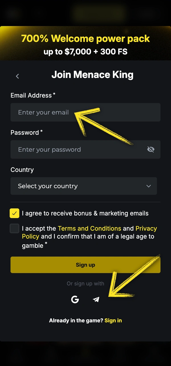 Elige cómo registrarte en Menace King.