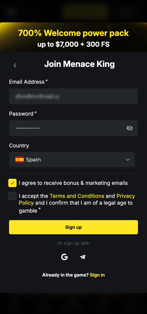 Introduce tus datos para seguir con el registro en Menace King.
