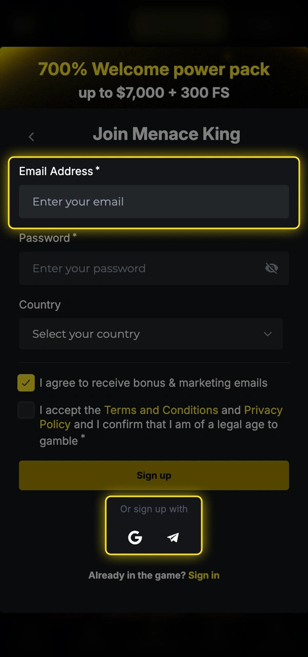 Elige tu método de registro preferido en Menace King.